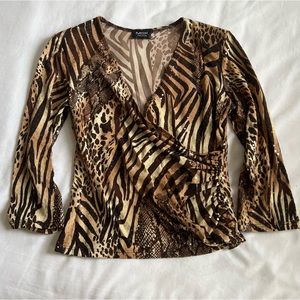 VINTAGE | MSK Sequin Animal Print Wrap Front 3 Quarter Sleeve Blouse